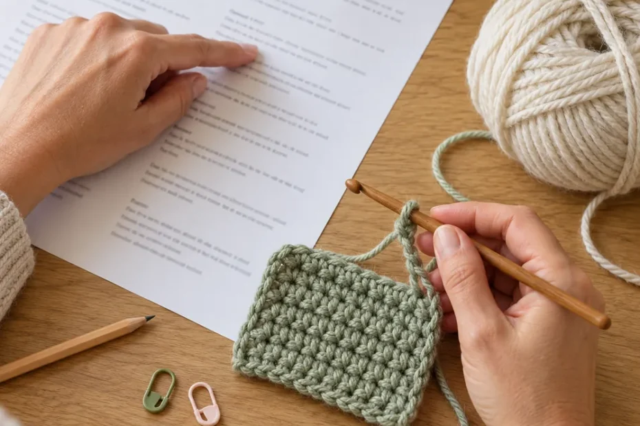Hands learning how to read a crochet pattern beside a sage crochet swatch, wooden hook and ivory yarn.